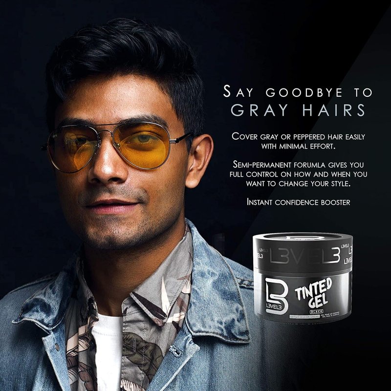 Level 3 Black Tinted Hair Gel - Instant Gray Coverage & Strong Hold - Temporary Color for Volume, Texture & Shine
