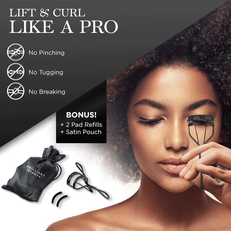 Brilliant Beauty Eyelash Curler - Dramatic Curling Tool with Satin Bag & Refill Pads | Jet Black