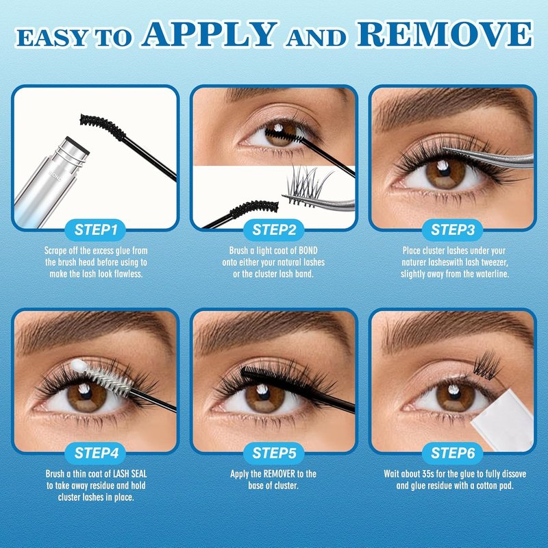 Long Lasting Lash Cluster Glue, Waterproof 72h Super Hold Lash Bond and Seal, Latex-Free & Non Irritating Black Eyelash Glue for Lash Cluster Strips