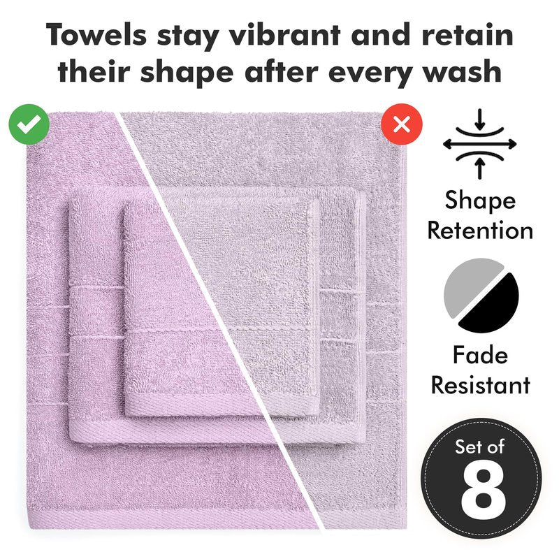 Bath Towels Set of 8 – 100% Ring Spun Cotton (Lilac) Bathroom Towel Set Bale Includes 2 Bath, 2 Hand, 4 Face Towels – 550 GSM Soft, Absorbent & Quick Dry Towel for Bathroom, Spa, Kitchen, Hotel Use