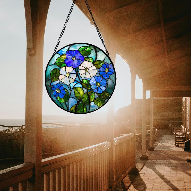 HWRHTR Stained Glass Window Hanging - Blue White Morning Glory Birth Flower Suncatcher for Door Garden Yard Sun Catchers Decor Christmas Mother's Day Birthday Gifts for Women Mom Nana Friend 6.3 in
