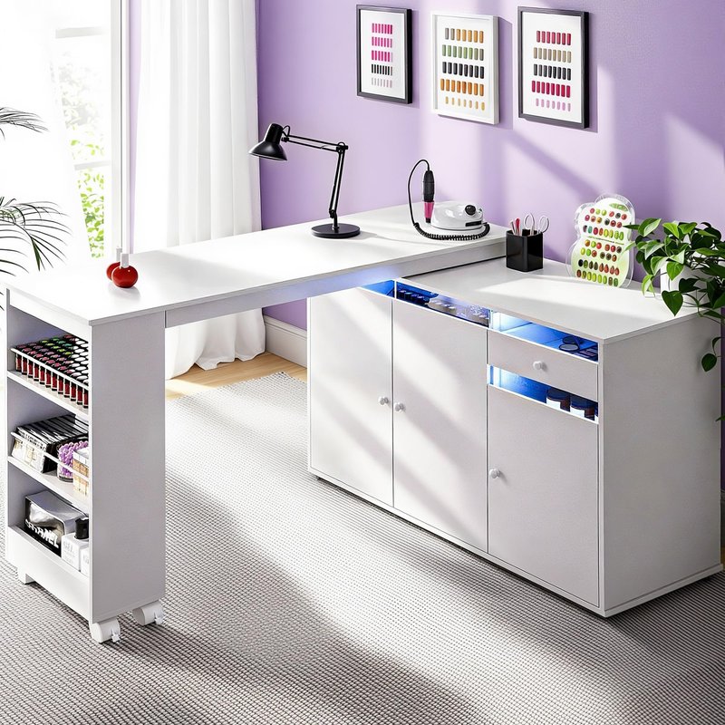 HolaiNail L-Shaped Manicure Table with Storage Cabinet, Drawer & Shelf, Rotating & Convertible Nail Tech Desk, Modern Nail Salon Table with LED Light, White
