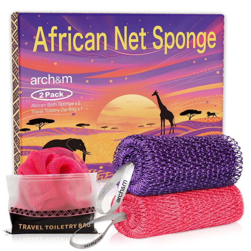 ARCH&M African Net Sponge Authentic 2 Pack - 53" Extra-Long Back & Body Scrubber for Women and Men, Exfoliating Shower Loofah Bath Sponge for Daily Use, Travel-Friendly Spa Gift