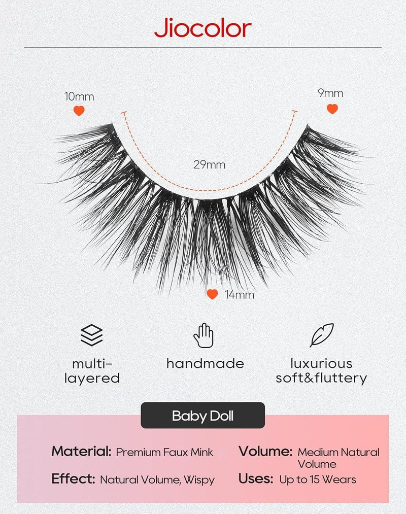 Jiocolor 3D Faux Mink Lashes - Natural Looking Short Wispy Eyelashes | 14mm, 7 Pairs Fluffy Pack