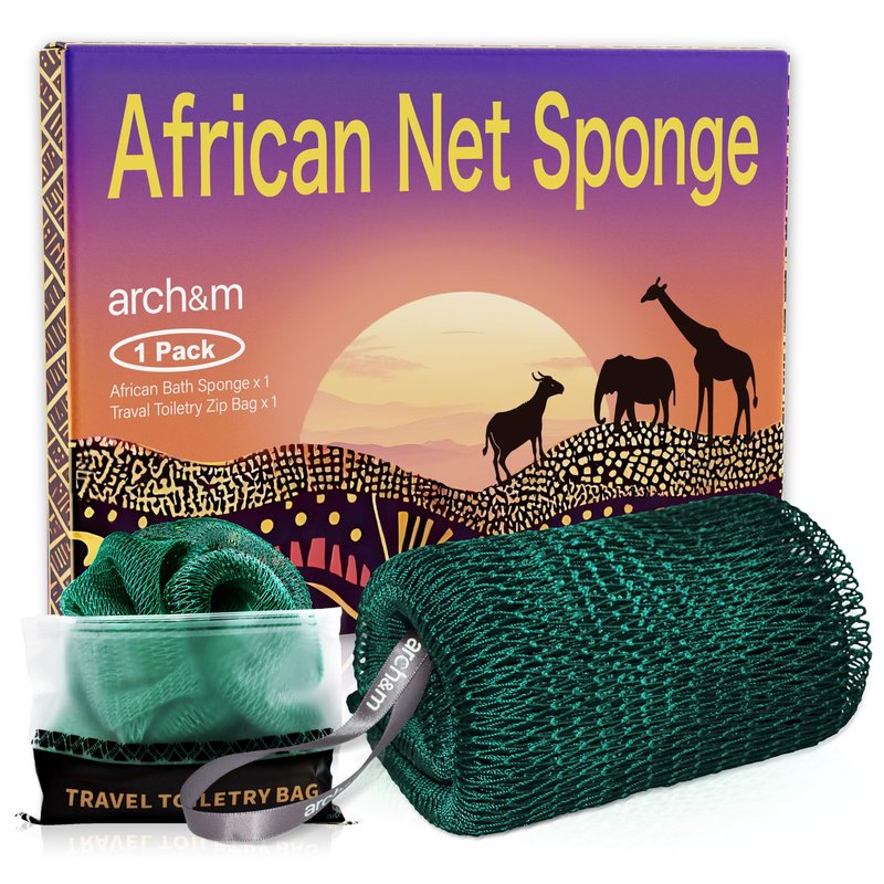 ARCH&M African Net Sponge Authentic - Authentic Exfoliating Shower & Bath Loofah, 53" Long Back Scrubber, Quick-Dry Mesh Body Sponge for All Skin Types, Sensitive-Skin Friendly, Travel Toiletry Bag