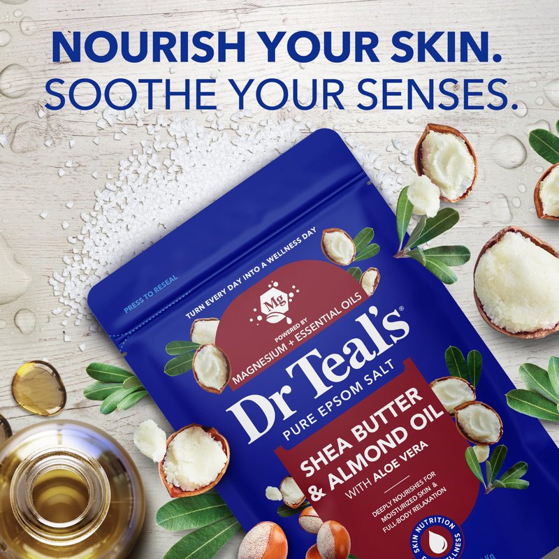 Dr Teal's Epsom Salt Magnesium Soak, Shea Butter & Almond, 3 lbs (Pack of 4)
