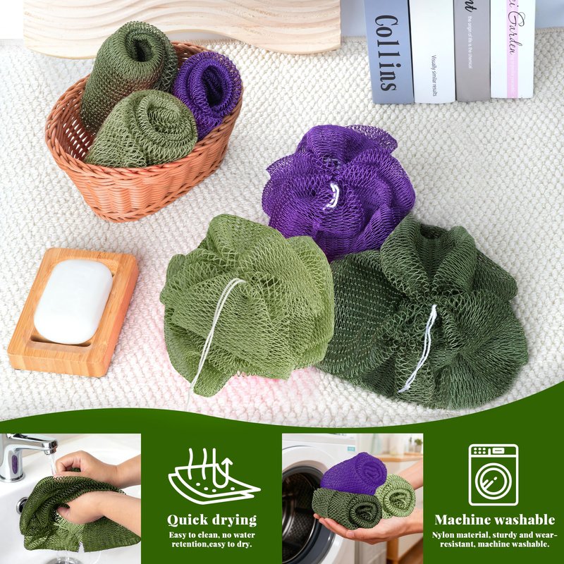 African Net Sponge Authentic, 3 Pieces Exfoliating Scrubber Bath Sponge for All Skin Types, Back Scrubber Loofah Washcloth for Shower, Gentle Exfoliation (Dark Green,Light Green,Purple)