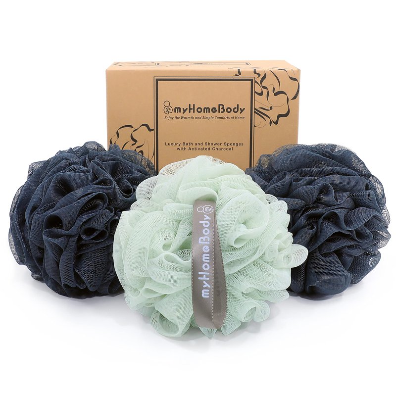 myHomeBody Large 70g Loofah Sponge, Body Scrubber, Bath Sponge, Loofah for Women, Men, Exfoliating Sponge Shower Pouf with Activated Charcoal - 3 Pack, 2 Navy Blue + 1 Sea Foam Green