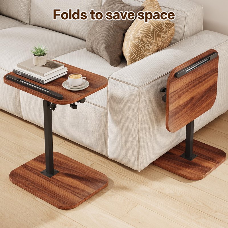 MYBEILEYI TV Tray Table, Adjustable Height, Flip-Top, Snack Side Table with 360° Swivel and 180° Tilt, C Shaped End Table for Couch, Sofa, Bed, Recliner, Walnut