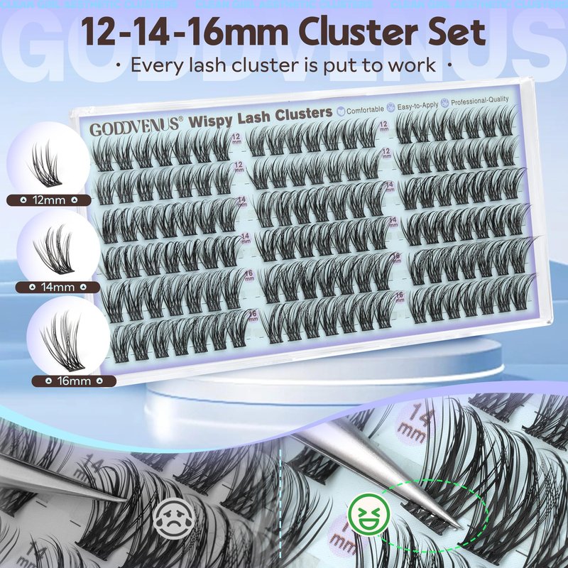 Goddvenus Wispy Natural Lash Clusters 12-14-16mm CC Curl DIY Cluster Eyelash Extensions for Clean Makeup, Individual False Eyelashes Cat Eye Lash Clusters 126pcs