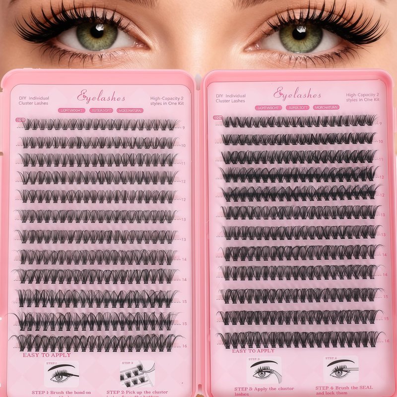 Lash Clusters Kit: Eyelash Clusters Individual Lash Extension Kit 480 Pcs D Curl Fluffy Wispy False Eyelashes Extensions Thin Band with Bond Seal Tweezers Brush