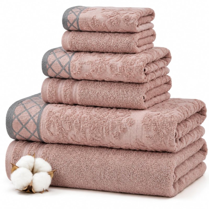 Modern Threads 6 Piece Cotton Bath Towel Set – Ultra Soft 550 GSM Towels – Bathroom Set with Hand Towels and Washcloths – Diamond Border (Blush)