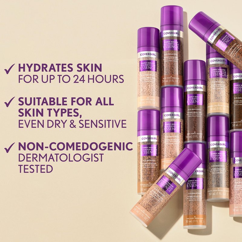 Covergirl Simply Ageless Skin Perfector Essence Foundation, 10 Fair, Tinted Skincare Makeup Hybrid, Sheer Tint, Radiant Finish, Glowy Finish, Vegan Formula, 1.0oz