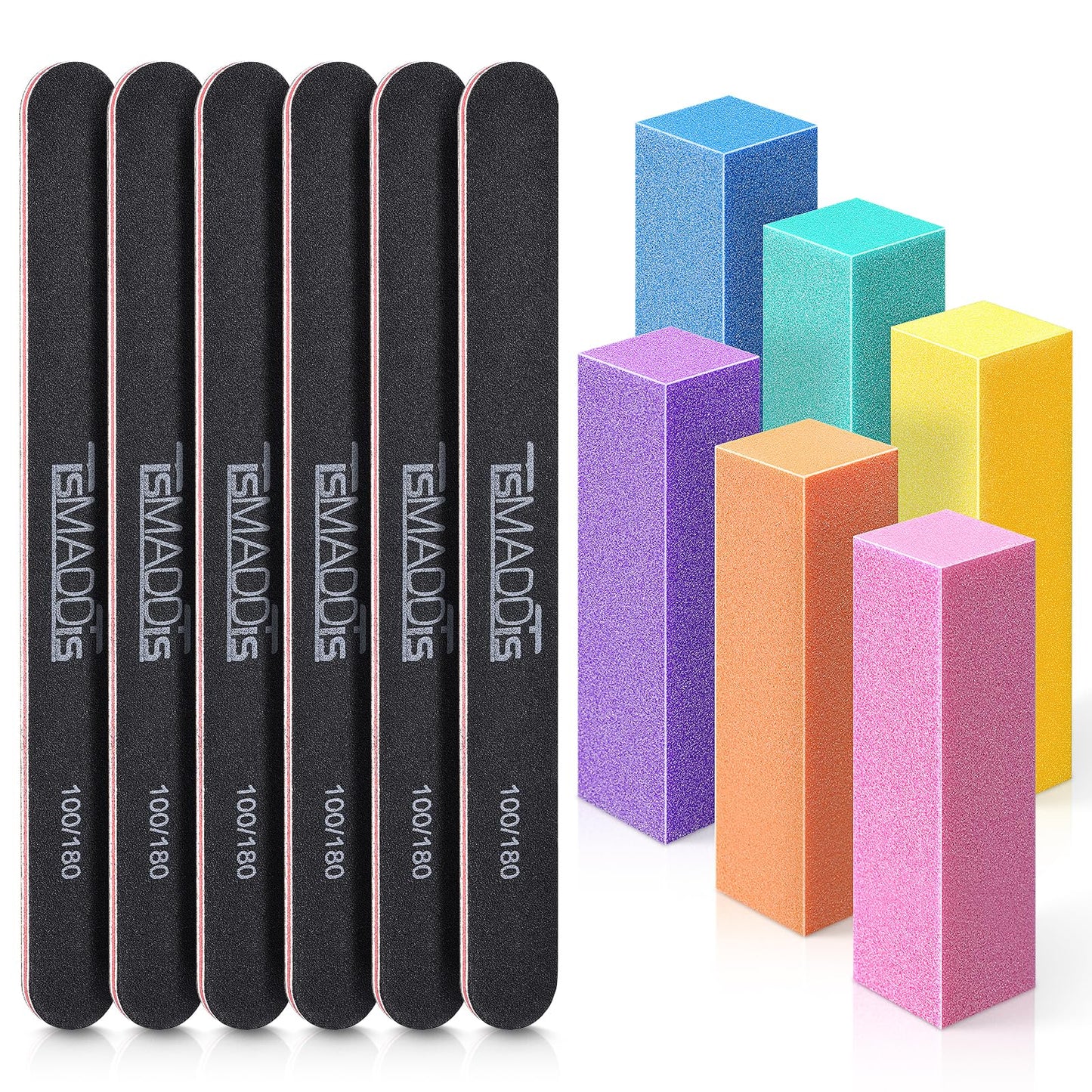 TsMADDTs Nail Files and Buffers, Professional Manicure Tools Kit Rectangular Art Care Buffer Block Tools 100 180 Grit 12 pcs(Black)