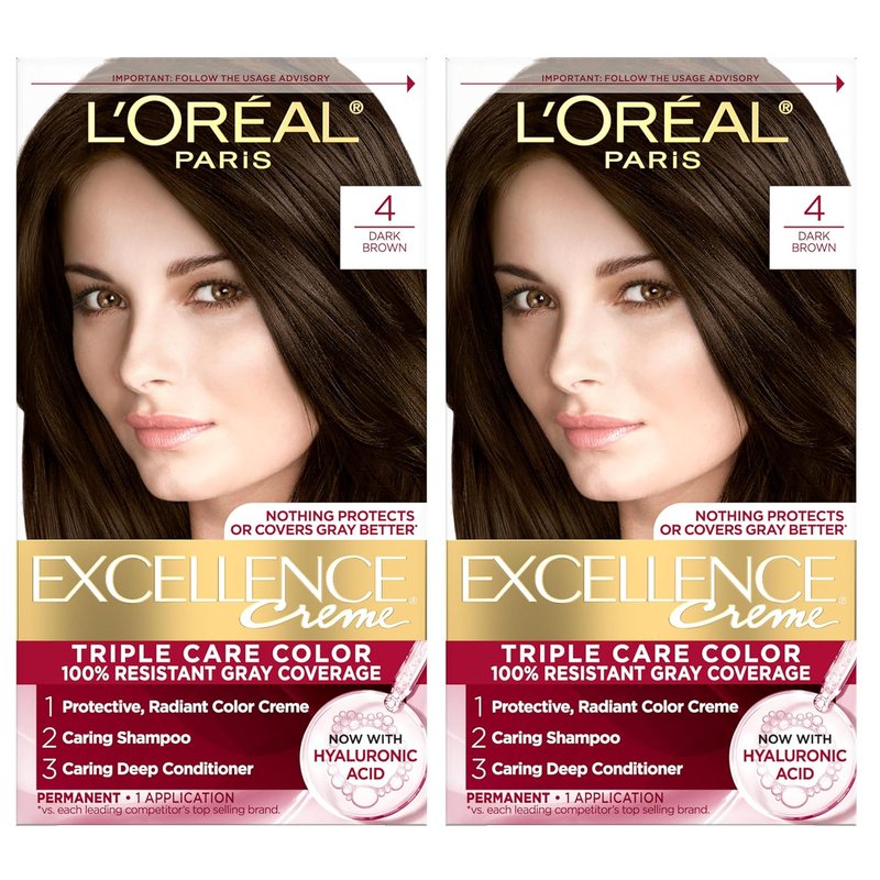 L'Oreal Paris Excellence Crème Permanent Hair Dye, Triple Care Hair Color with Hyaluronic Acid for 100% Gray Coverage, 4 Dark Brown, 1 Kit (Pack of 2) (Packaging May Vary)