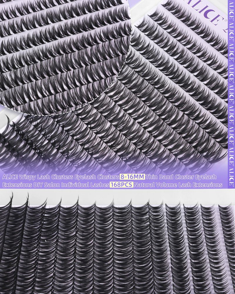 ALICE Flaunt Lash Clusters Wispy Eyelash Clusters 8-16mm Thin Band Cluster Eyelash Extensions DIY Salon Individual Lashes 168pcs Natural Volume Lash Extensions