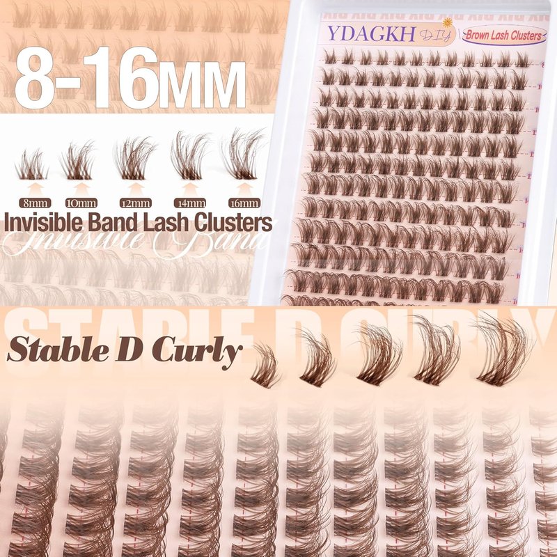 Skiennix Brown Lash Clusters - Natural Wispy Eyelash Extensions with Invisible Band | 8-16mm D Curl