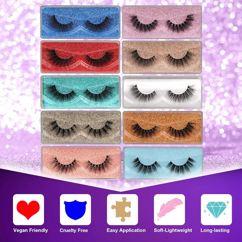 Skiennix 3D Faux Mink False Eyelashes - Wispy 18mm, Soft & Reusable | 10 Pairs in Glitter Boxes