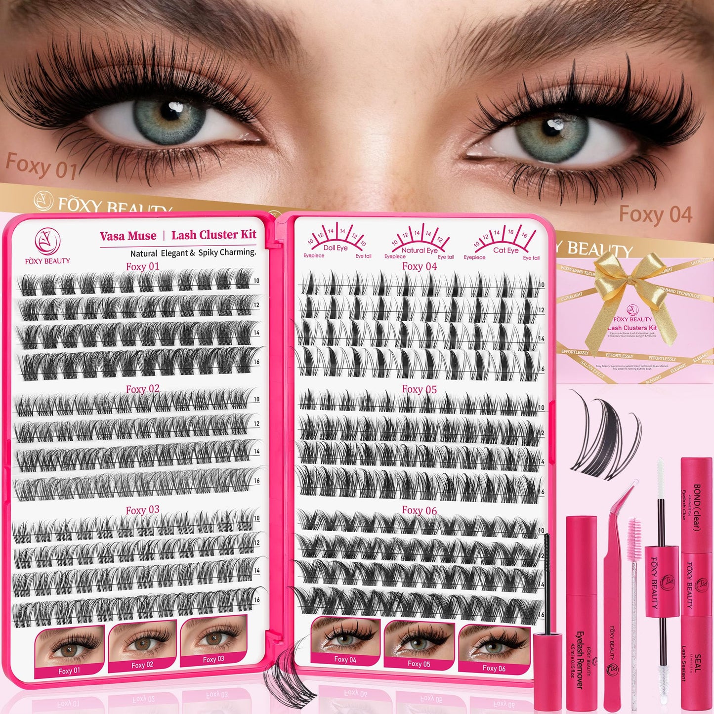Vasa Muse Premium Lash Clusters Kit Lashes Wispy Lash Clusters Natural Eyelash Clusters Spiky Fairy Eyelash Extension Kit invisible Band Eyelashes with Bond & Seal for DIY 10-16mm 0.05mm