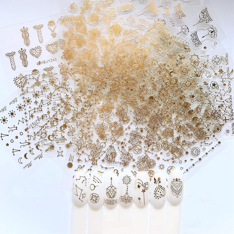NAIL ANGEL Nail Art Stickers - 24 Sheets of Gold Moon, Star & Flower Designs for Creative Nail Deco