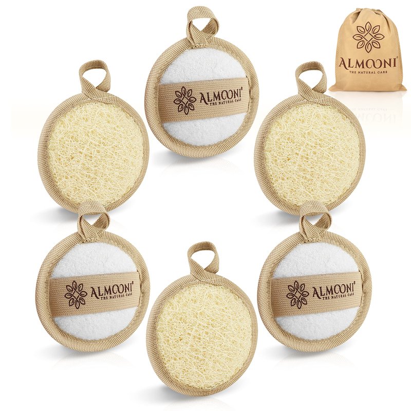 Almooni Natural Loofah Facial Pads, Egyptian Loofah Exfoliating Face Scrubber for Cleansing, Dual-Sided with Terry Cloth, Comes with Biodegradable Packaging, 6-Count