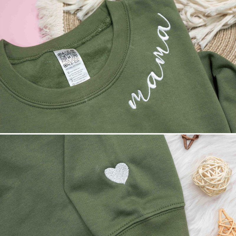 Nani - Mama Mom Mommy Embroidered Crewneck Sweatshirt Heart On Sleeve for Women - Gifts For New Mom Mama Birthday Christmas Mothers Day Valentine Embroidery Pullover Sweater Shirt Military Green