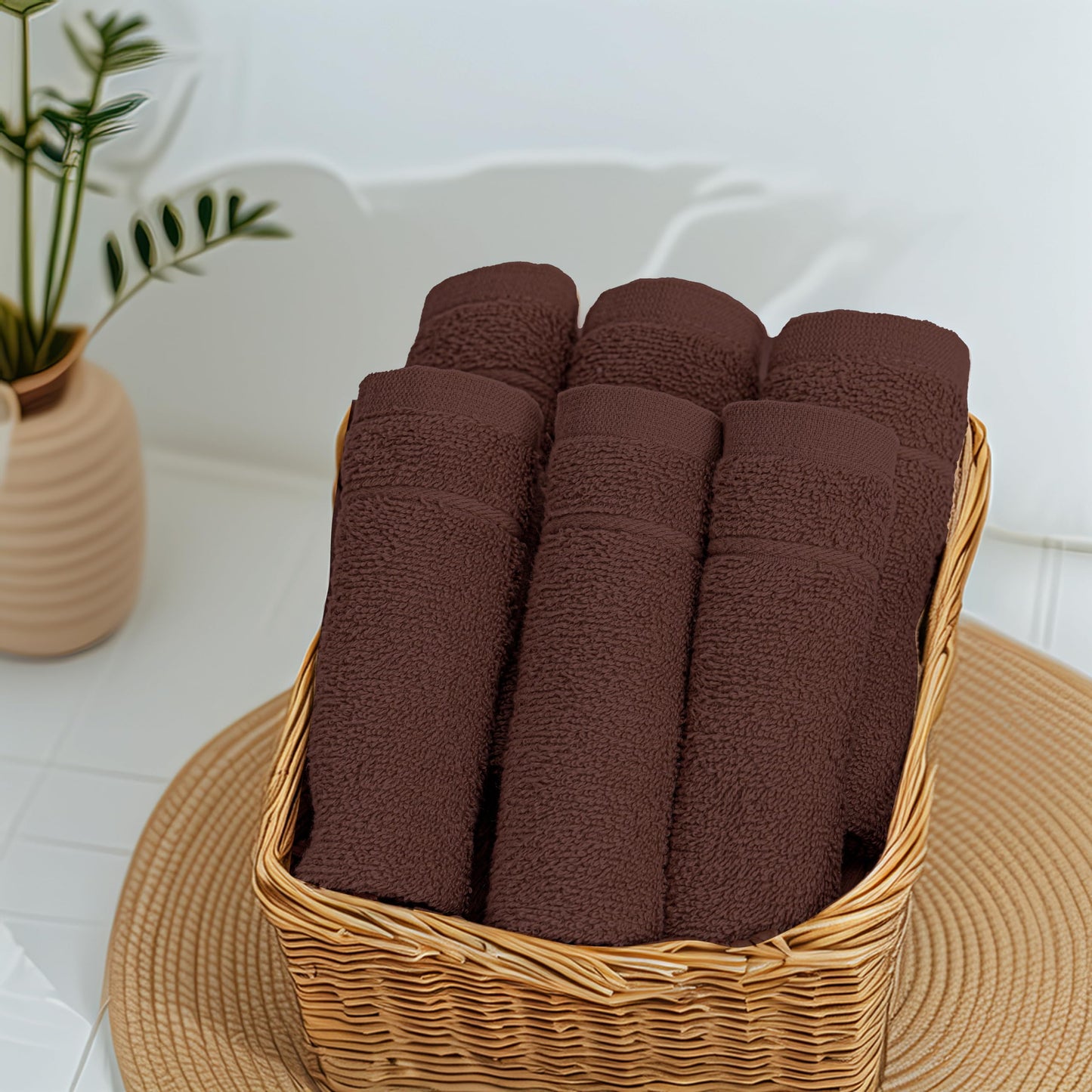 Tens Towels Pack of 12 Washcloths, 12 x 12 Inches, Lighter Weight, Quick to Dry, Super Soft & Absorbent, Gentle Face Towels, Hotel Quality, Perfect for Bathroom, Gym, Spa (Brown, 12 Pack)