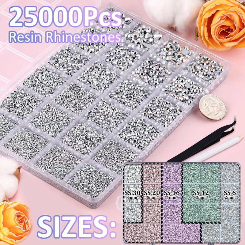 25000Pcs Resin Rhinestones for Crafting, Silver 2-6mm Mixed Sizes Non Hotfix Flatback Gems with 1Pcs Glue, Bedazzling Crystal for DIY Craft Clothing Mugs Tumblers Shoes Fabric Decor Nail Art