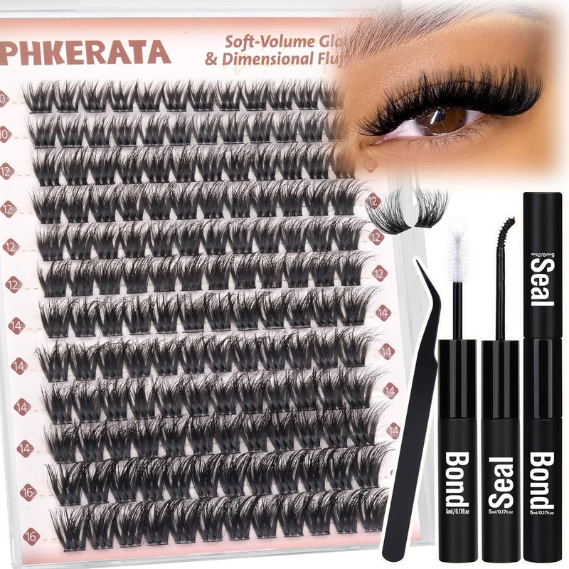 PHKERATA Fluffy Lash Clusters Kit D Curl Wispy Eyelash Clusters Kit, 3D Volume Cluster Eyelash Extensions Kit DIY Individual Lashes with Bond and Seal & Tweezers, 144pcs, 10-16mm