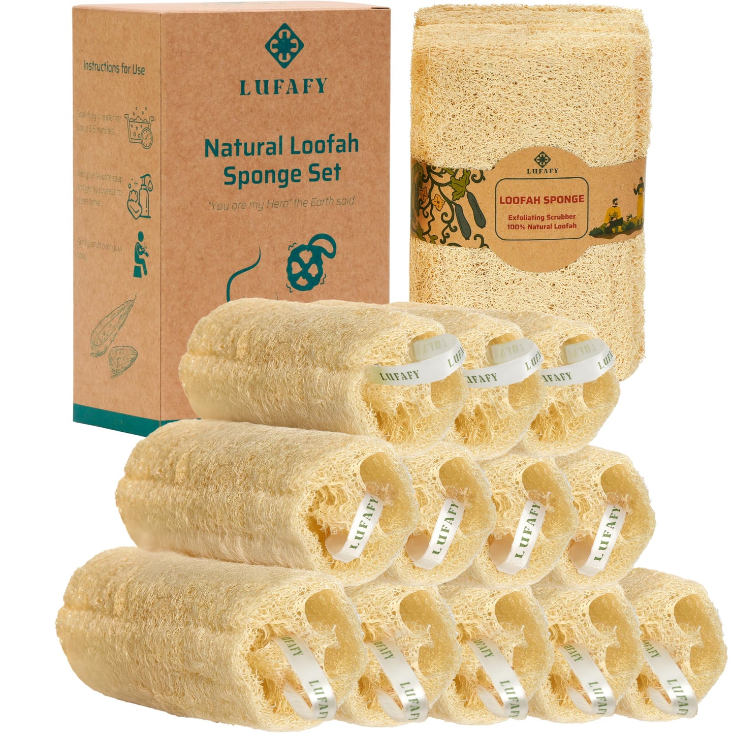 LUFAFY Natural Loofah Sponge 12‑Pack (6"), Exfoliating Body Scrubber for Shower, Bath & Kitchen – Plant-Based