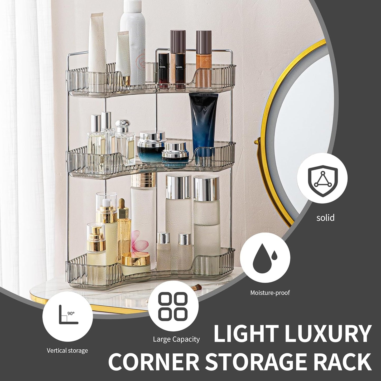 YCIA&DONE Corner Bathroom Counter Organizer - 3-Tier Makeup & Skincare Tray | Smoky Gray Storage Solution