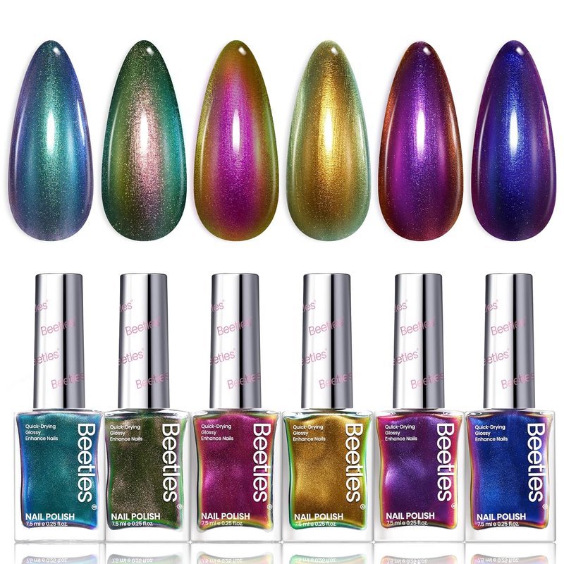 Beetles Chrome Nail Polish Set - Chameleon Holographic 6 Colors | Quick-Dry Metallic for DIY Nail Art