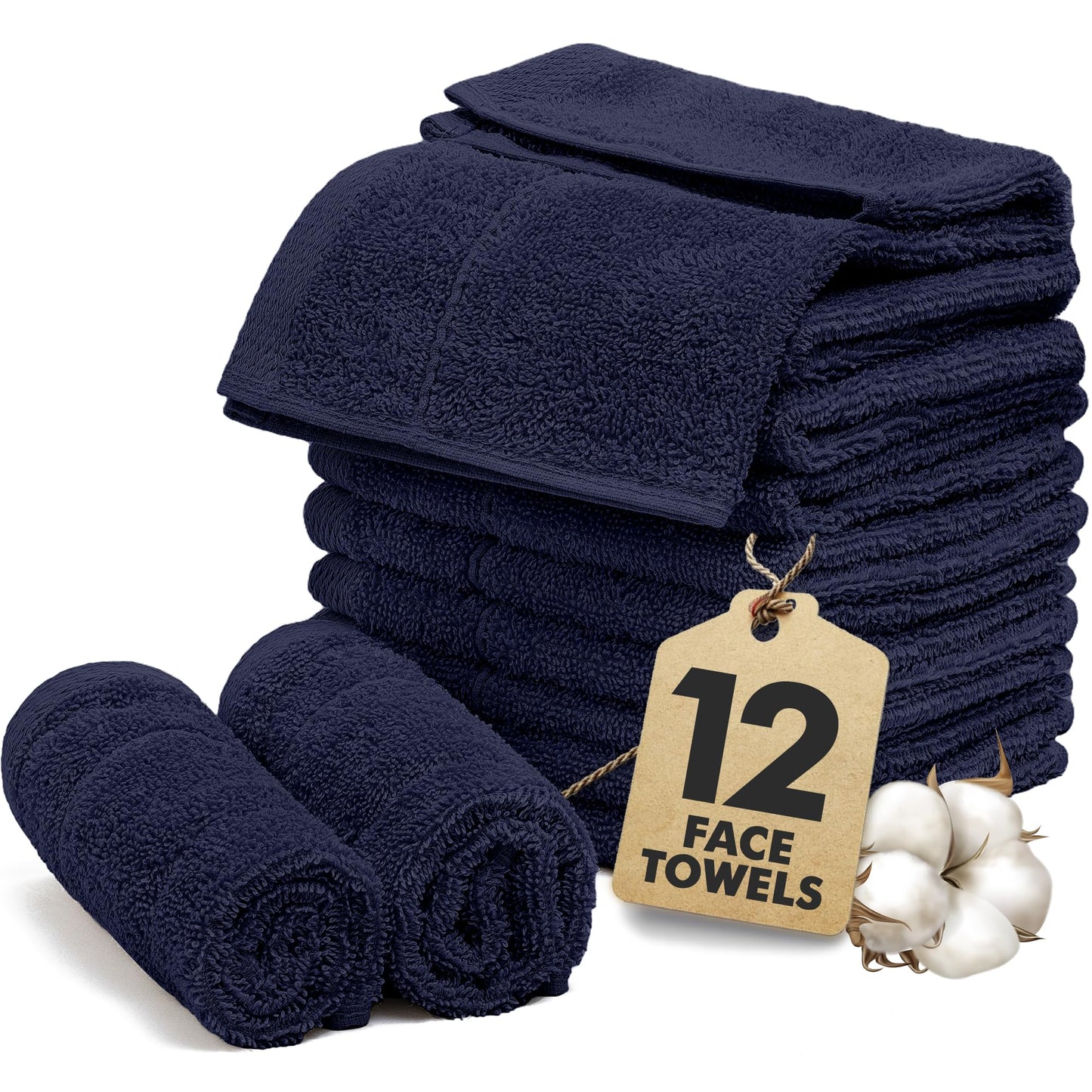 Novo Home Face Towels Pack of 12 – 100% Cotton Wash Cloths (12x12 inch) – Soft, Quick Dry & Highly Absorbent Hand Towels for Bathroom, Spa, Gym, Kitchen and for Daily Use - (Navy Blue)