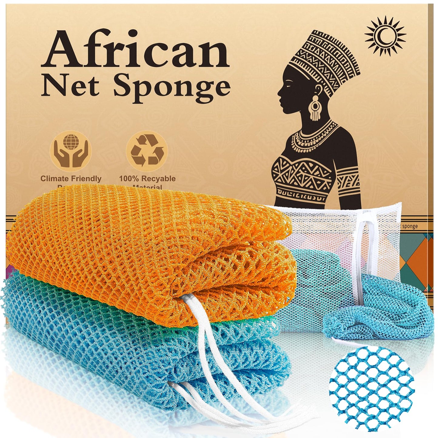 SpiralScgv Real African Net Sponge - 2 Pieces Authentic Exfoliating Body Scrubbers - Ultra-Gentle for Sensitive/Dry/Oily Skin - Shower & Bath Essential (Blue & Orange)