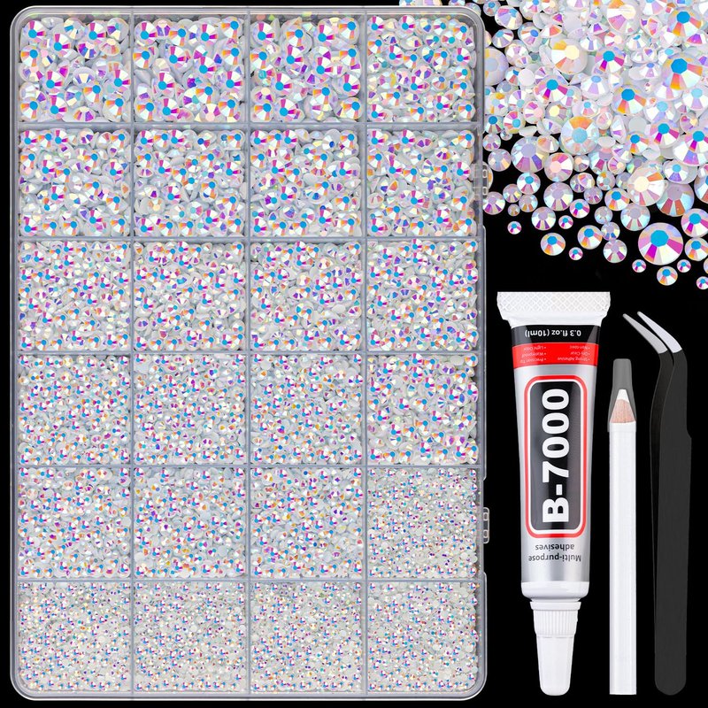 25000 Pcs Resin Rhinestones - White AB Flatback Gems for DIY Craft | 2-6mm Mixed Sizes, Includes Glue