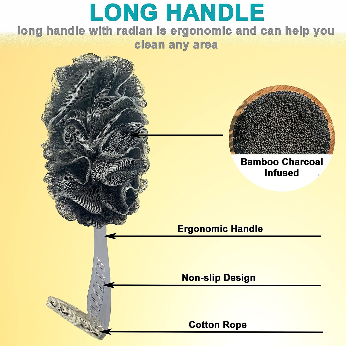 Charcoal Fiber Exfoliating Loofah luffa loofa Bath Back Brush On a Stick - Long Handle with Radian is Ergonomic for Men and Women - Shower Sponge Body Back Scrubber