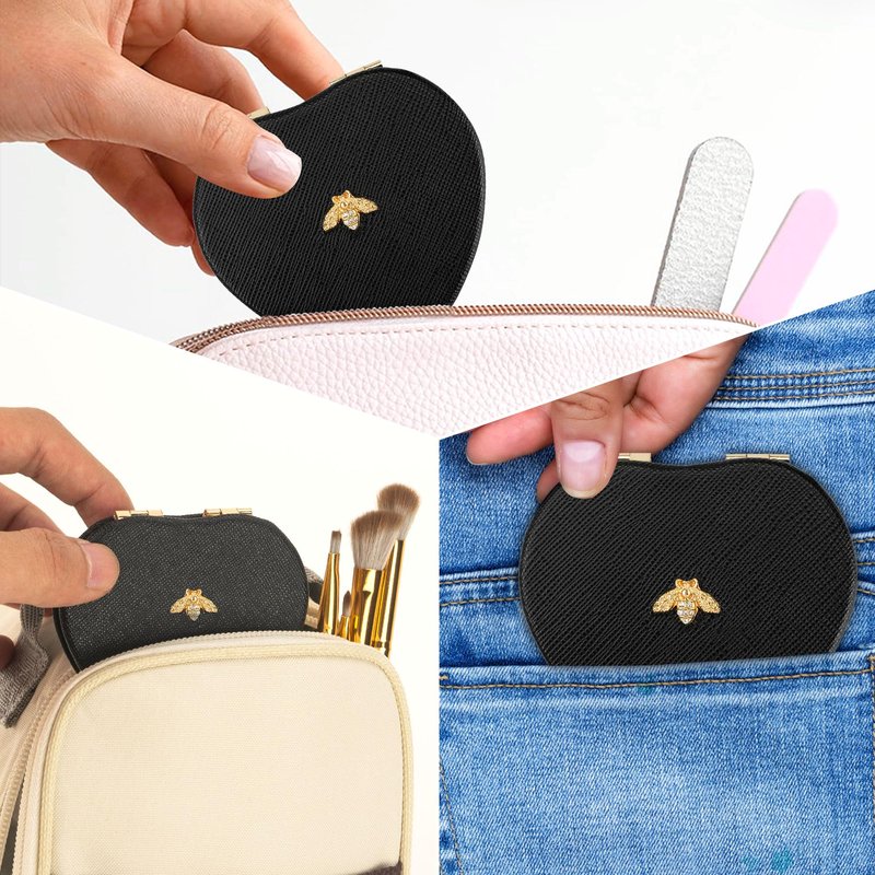 CAIRIAC Compact Mirrors, Leather Folding Travel Mirrors, Bee Double Sided Handheld Mirrors, Portable Heart Shape Makeup Mirrors Gift for Girls Women Mothers