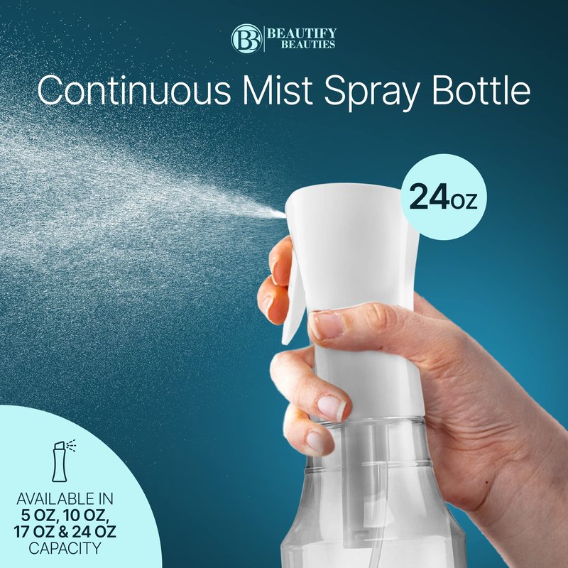 BeautifyBeauties Spray Bottle For Hair – Continuous Mister Spray Bottle for Hairstyling, Cleaning, Plants, Pets, Barbers, Salons, Essential Oil Scents (24 Ounce)