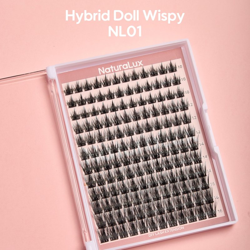 NATURALUX Hybrid Doll Wispy Mixed Lash NL01; 10mm, 12mm, 14mm, 16mm; 144 Total Count; False Eyelash Clusters, Individual Lashes, Lash Extensions, Lash Clusters, C Curl