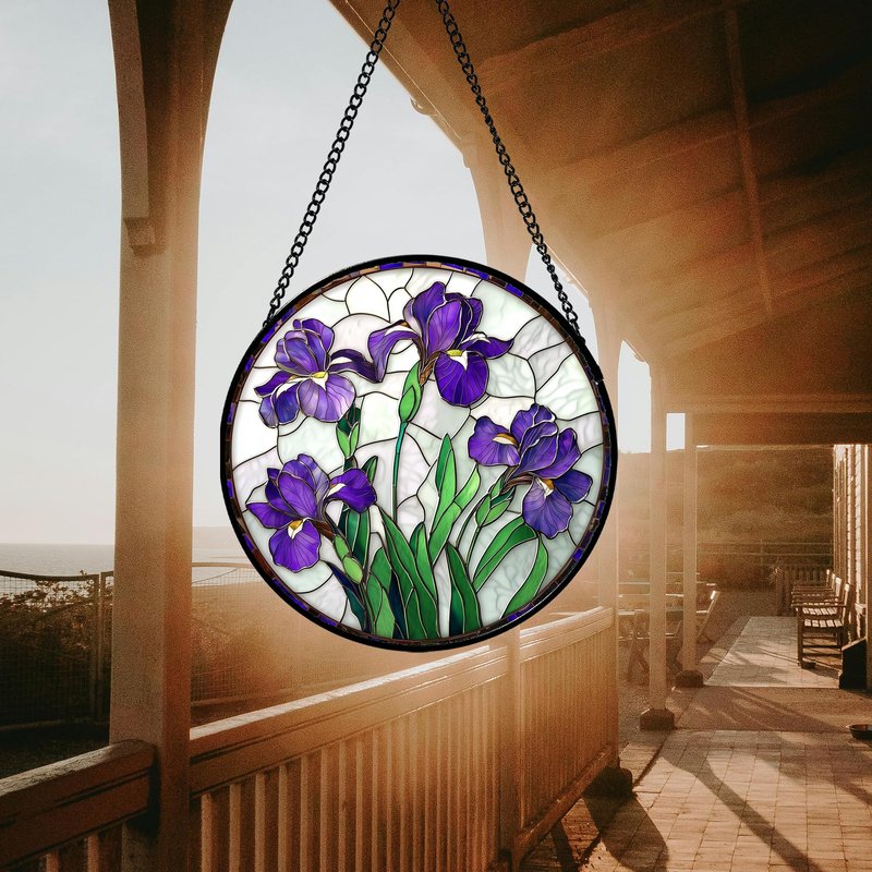 JOSUMALY Stained Glass Window Hanging - Purple Iris Flower Sun Catcher for Door Terrace Garden Home Decor, Green Plants Suncatcher Birthday Gifts for Lovers Women Men Dad Mom Nana 7.8 in