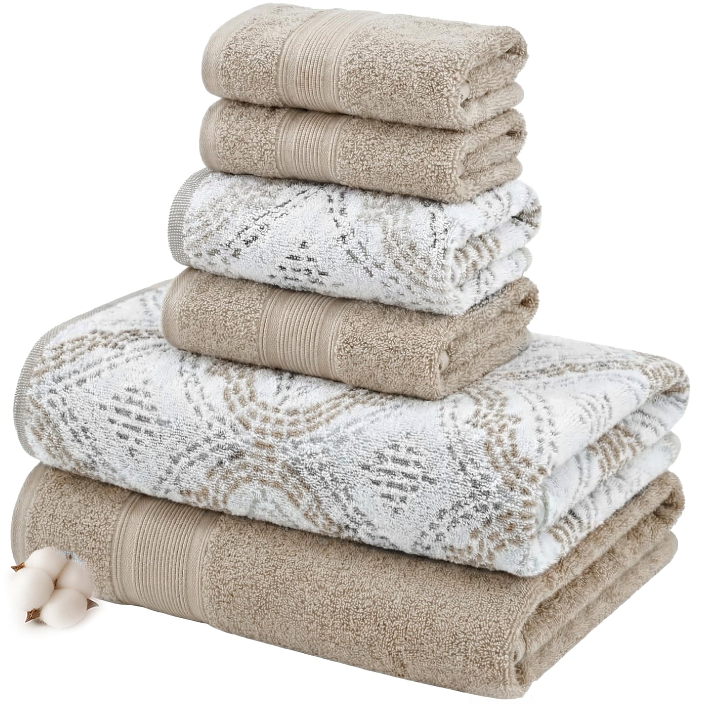 Modern Threads Capri 6-Piece Reversible Yarn Dyed Jacquard Towel Set - Bath Towels, Hand Towels, & Washcloths - Super Absorbent & Quick Dry - 100% Combed Cotton, Khaki