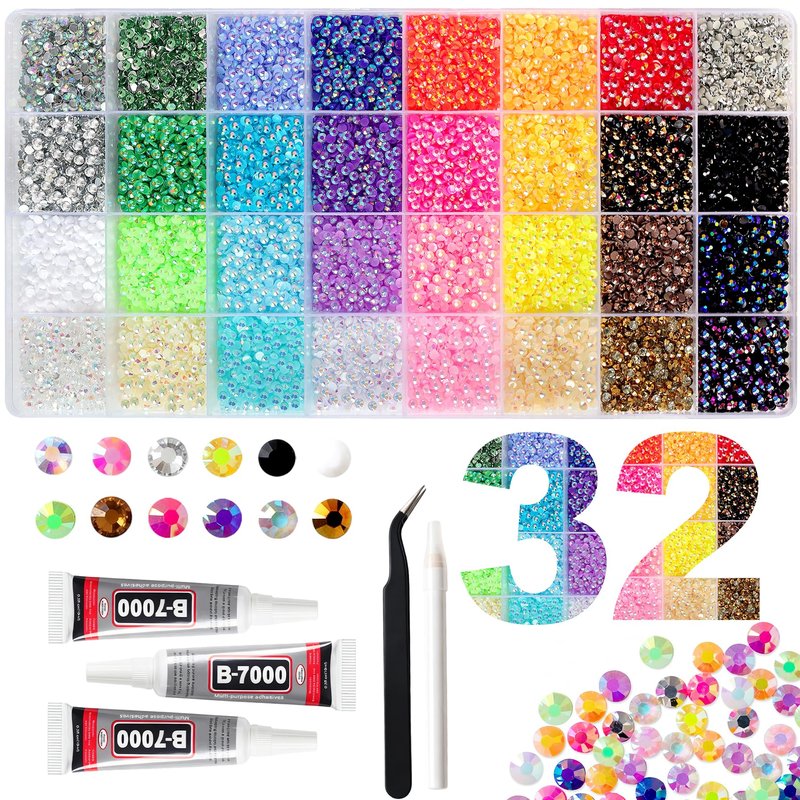 38000Pcs 32 Colors Jelly Rhinestones for Bedazzling, 3mm Resin Flatback Gems for Diamond Art, Bedazzler Kit with 3Pcs B7000 Jewelry Glue for Crafting Bedazzled Book Shoes Nail