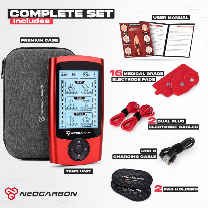 NEOCARBON TENS Unit Muscle Stimulator, Massager Machine for Shoulder, Neck, Sciatica and Back Pain Relief, Electronic Pulse Massage Physical Therapy, Red