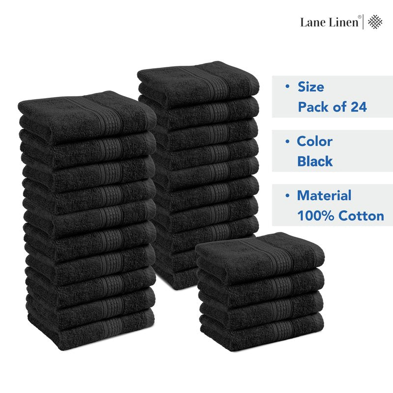 LANE LINEN Washcloths 24 Pack - 100% Ringspun Cotton Washcloths - 13"x13"- Soft Textured, Well Stitched, Lightweight Towel - Absorbent & Durable - Perfect for Daily use - Black Wash Cloths