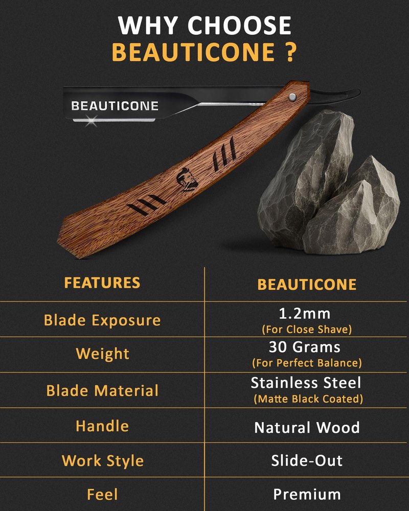 BEAUTICONE Straight Razors for Men - Professional Wood Handle Straight Edge Razor with 20 Replaceable Single Edge Blades - Stainless Steel Barber Shavette for Beard Shaving - Navajas para Barbero