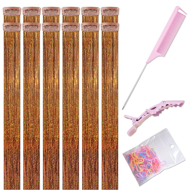 ONROCL Hair Tinsel Extensions - 12 Pcs 24 Inch Colorful Glitter Clips for Festival & Party Looks