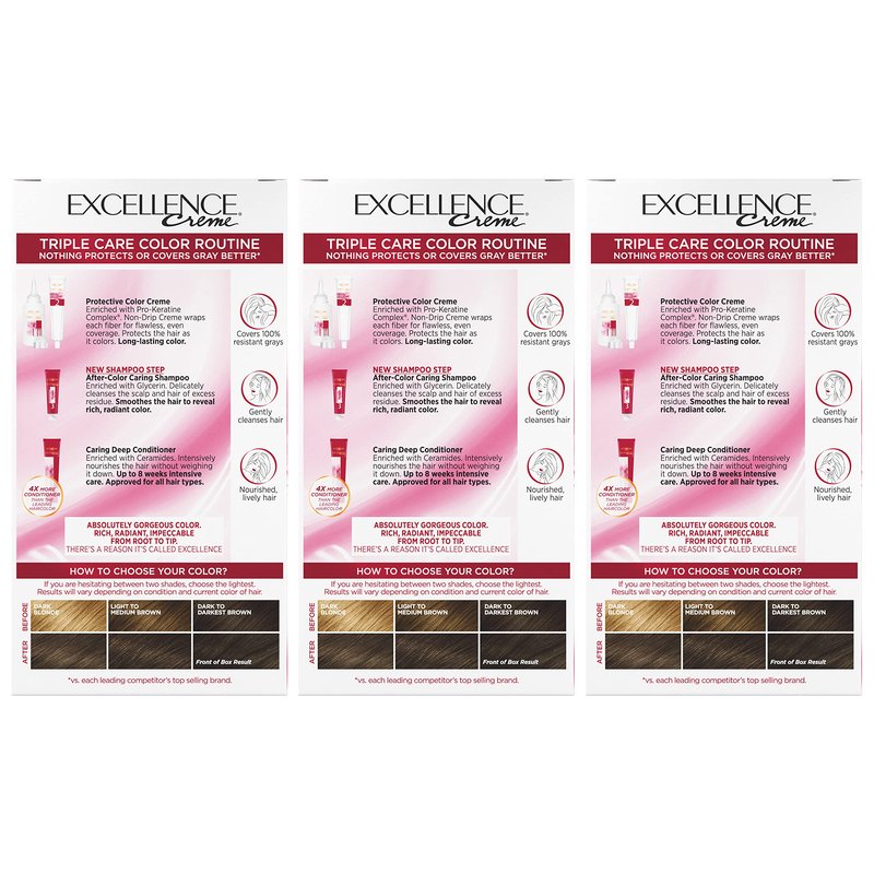 L'Oreal Paris Excellence Creme Permanent Hair Color, 5AB Mocha Ash Brown, 100 percent Gray Coverage Hair Dye, Pack of 3