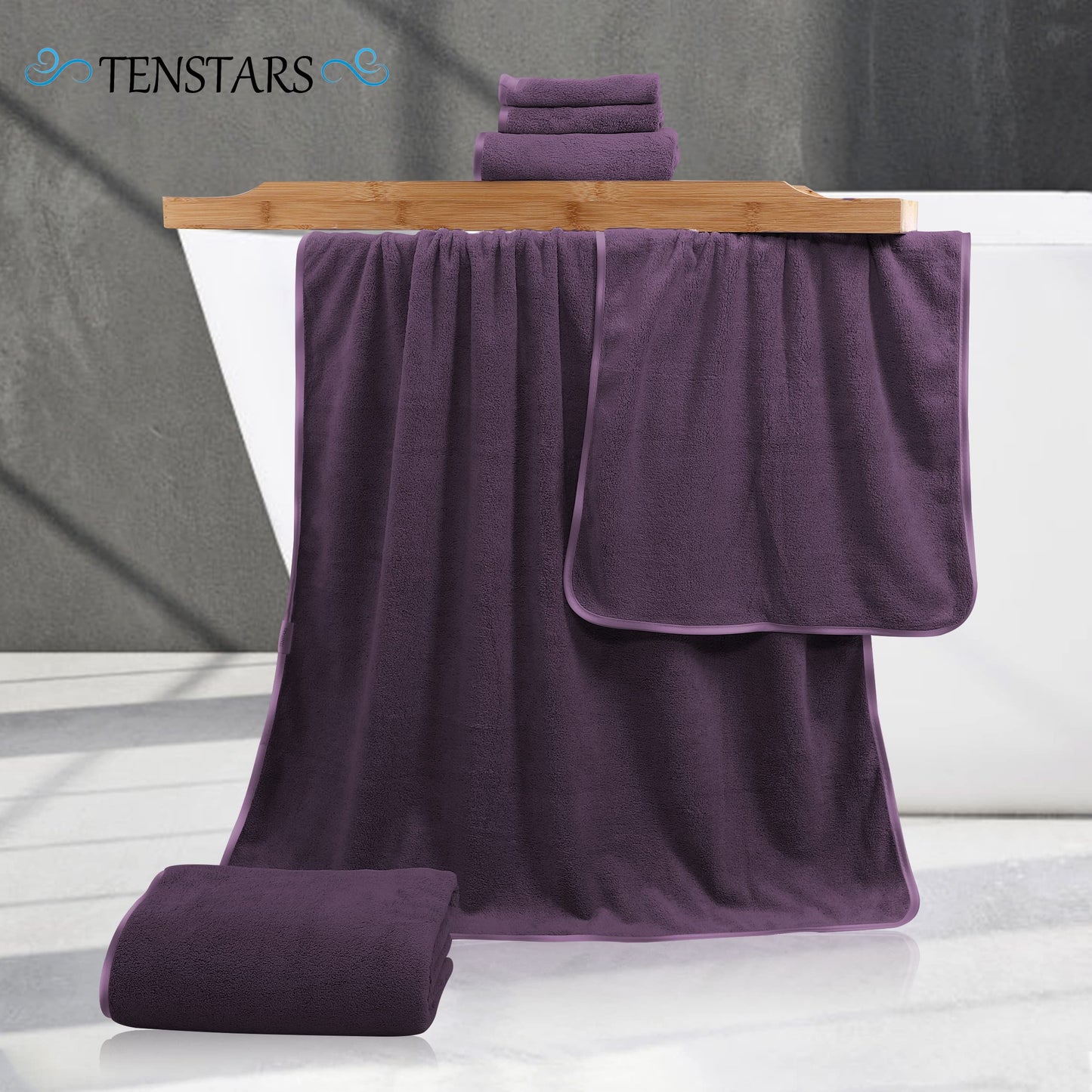 TENSTARS Luxury Silk Hemming Towel Set - Light Thin Quick Drying - 2 Bath Towels 2 Hand Towels 2 Washcloths - Ultra Soft Microfiber Towel for Bath Fitness, Sports, Yoga, Travel (Grape Purple 6 Pieces)
