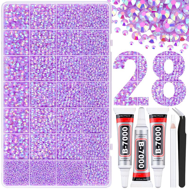 30000Pcs Resin Rhinestones for Bedazzling with Tweezers, Lavender Purple AB Rhinestones for Crafting with 3Pcs 10ml B7000 Jewelry Glue for DIY Crafts Clothing Tumblers Shoes Fabric Nail Art