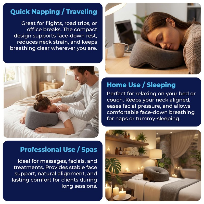 Face Down Pillow for Massage Bed – BBL & Eye Surgery Recovery Headrest | Stomach Sleeping Face Pillow for Prone Sleep, Tanning & Spa | Adjustable Memory Foam Cradle with Removable Cover (Grey)